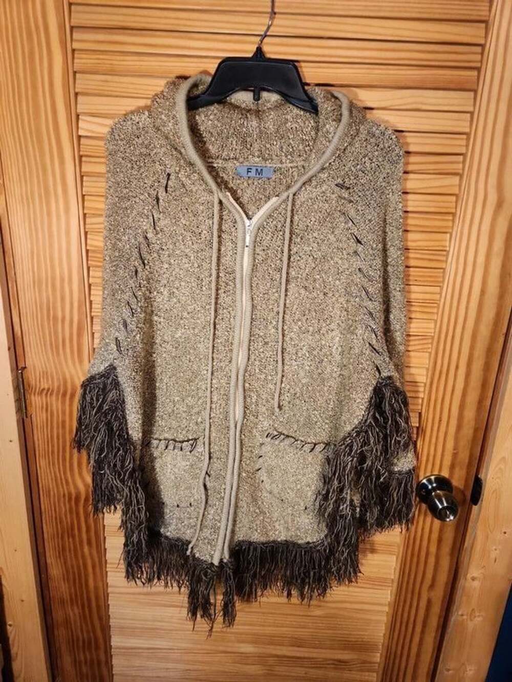 Vintage Boho Hooded Zip-Up Poncho Sweater with Heavy Shag Fringe